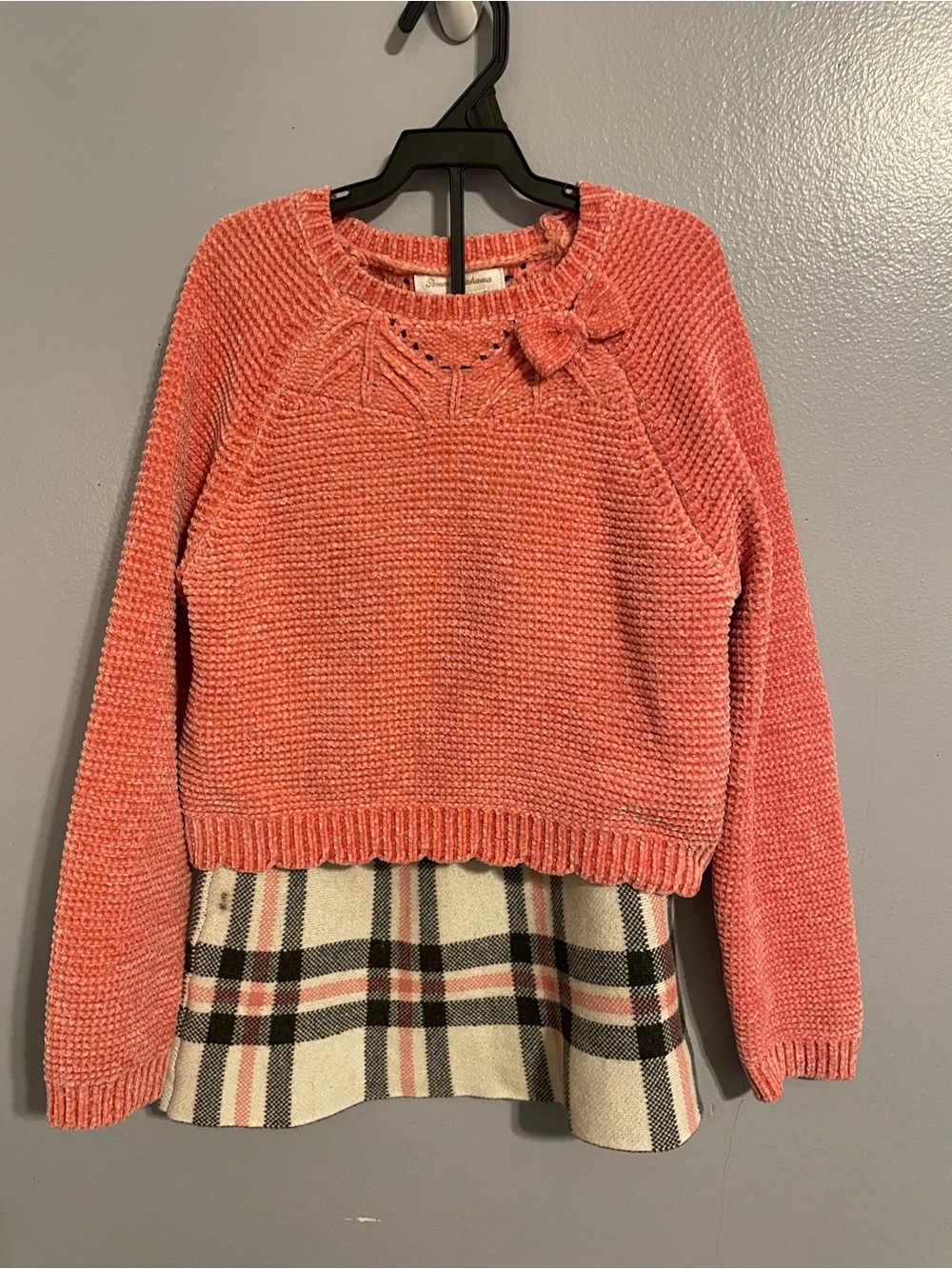Tommy Bahama Coral Chenile Crewneck Sweater with Bow and Plaid Skirt